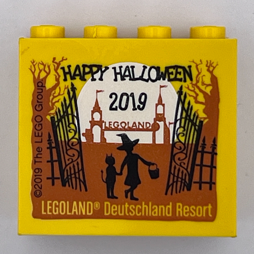 Brick 2 × 4 × 3 with 'LEGOLAND Deutschland Resort HAPPY HALLOWEEN 2019' Print Yellow