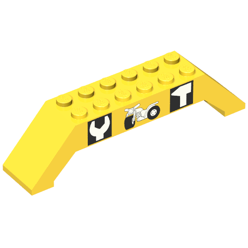 Brick Sloped 45° 10 × 2 × 2 Double with Tools and Motorcycle Print Gelb