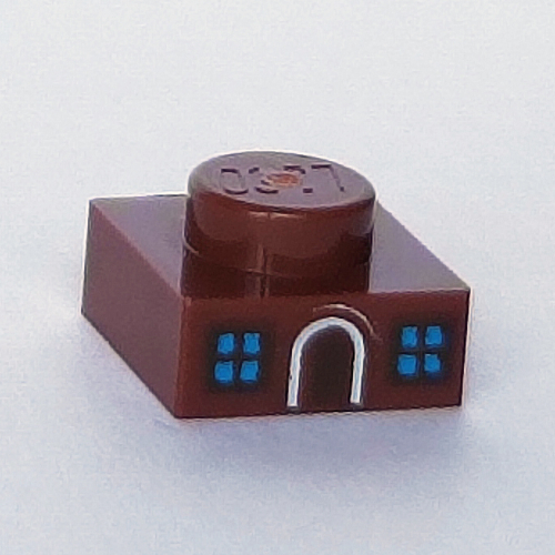 Plate 1 × 1 with House Front, Two Blue Windows, Door print Rotbraun