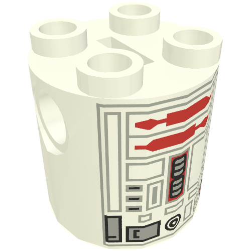 Brick Round 2 × 2 × 2 Robot Body, no Axle Holder with Gray and Red Astromech Droid Print (R5-D4) White