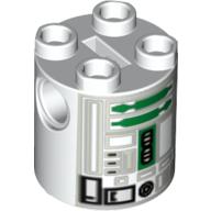 Brick Round 2 × 2 × 2 Robot Body, Axle Holder '+' Orientation with Green and Gray Astromech Droid Print (R2-R7) Weiß