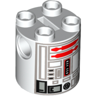 Brick Round 2 × 2 × 2 Robot Body, Axle Holder '+' Orientation with Gray and Red Astromech Droid Print (R5-D4) White