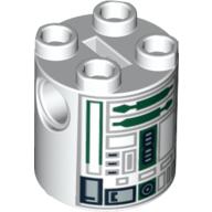 Brick Round 2 × 2 × 2 Robot Body, Axle Holder '+' Orientation with Gray and Dark Green Astromech Droid Print (R4-P44) White