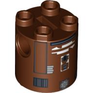 Brick Round 2 × 2 × 2 Robot Body, Axle Holder '+' Orientation with Black and White Astromech Droid Print (R7-D4) Reddish Brown