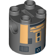 Brick Round 2 × 2 × 2 Robot Body, Axle Holder '+' Orientation with Metallic Gold Astromech Droid Print (R8-B7) Dark Bluish Gray