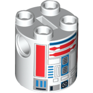 Brick Round 2 × 2 × 2 Robot Body, Axle Holder '+' Orientation with Blue and Red Astromech Droid Print (R5-D8 / R5-D4) White
