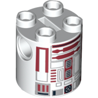 Brick Round 2 × 2 × 2 Robot Body, Axle Holder '+' Orientation with Dark Red Astromech Droid with Solid Black Rectangle Print (R4-P17) Weiß