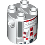 Brick Round 2 × 2 × 2 Robot Body, Axle Holder '+' Orientation with Red and Silver Astromech Droid Print (R4-G0) Weiß