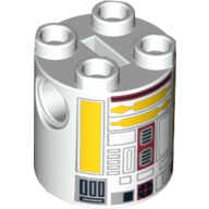 Brick Round 2 × 2 × 2 Robot Body, Axle Holder '+' Orientation with Yellow and Dark Red Astromech Droid Print (R5-F7) White