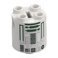Brick Round 2 × 2 × 2 Robot Body, Axle Holder '+' Orientation with Dark Green Astromech Droid Print (R4-P44) White