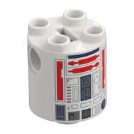 Brick Round 2 × 2 × 2 Robot Body, Axle Holder '+' Orientation with Red and Dark Blue Astromech Droid Print (R5-D4) White