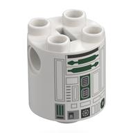 Brick Round 2 × 2 × 2 Robot Body, Axle Holder '+' Orientation with Dark Green Astromech Droid Print White