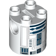 Brick Round 2 × 2 × 2 Robot Body, Axle Holder '+' Orientation with Dark Blue and Gray Astromech Droid Print (R2-D2) Weiß