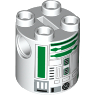 Brick Round 2 × 2 × 2 Robot Body, Axle Holder '+' Orientation with Black and Green Astromech Droid Print (R2-A5) White