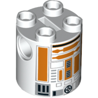 Brick Round 2 × 2 × 2 Robot Body, Axle Holder '+' Orientation with Orange Lines and Gray Astromech Droid Print (R3-A2) White