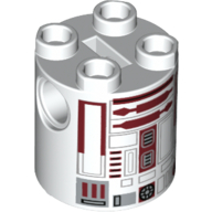 Brick Round 2 × 2 × 2 Robot Body, Axle Holder '+' Orientation with Dark Red Astromech Droid with Hollow Black Rectangle Print (R4-P17) Weiß