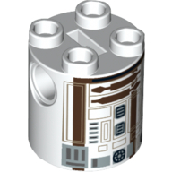 Brick Round 2 × 2 × 2 Robot Body, Axle Holder '+' Orientation with Dark Brown and Dark Orange Astromech Droid Print (R3-M2) Weiß