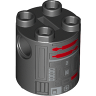 Brick Round 2 × 2 × 2 Robot Body, Axle Holder '+' Orientation with Silver and Dark Red Astromech Droid Print (U5-GG) Schwarz