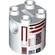 Brick Round 2 × 2 × 2 Robot Body, Axle Holder '+' Orientation with Gray and Dark Red Astromech Droid Print (R4-P17) Weiß