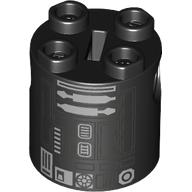 Brick Round 2 × 2 × 2 Robot Body, Axle Holder '+' Orientation with Silver and Gray Astromech Droid Print (R2-E6) Schwarz