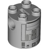Brick Round 2 × 2 × 2 Robot Body, Axle Holder '+' Orientation with Silver Astromech Droid Print (R2-BHD) Light Bluish Gray