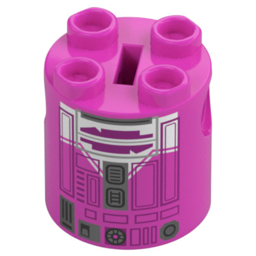 Brick Round 2 × 2 × 2 Robot Body, Axle Holder '+' Orientation with White and Magenta Astromech Droid Print (QT-KT) Dark Pink