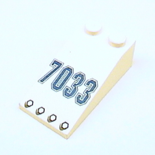 Brick Sloped 18° 4 × 2 with '7033' and Rivets Print Weiß