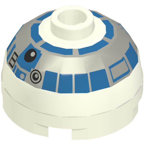 Brick Round 2 × 2 Dome Top, Blocked Open Stud, No Bottom Axle Holder with Silver and Blue Print (R2-D2) White