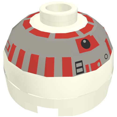 Brick Round 2 × 2 Dome Top, Blocked Open Stud, No Bottom Axle Holder with Silver and Red Astromech Droid Print (R5-D4) White