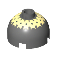 Brick Round 2 × 2 Dome Top, Blocked Open Stud, Bottom Axle Holder with Black Spots on Yellow Print (Buzz Droid) Dark Bluish Gray