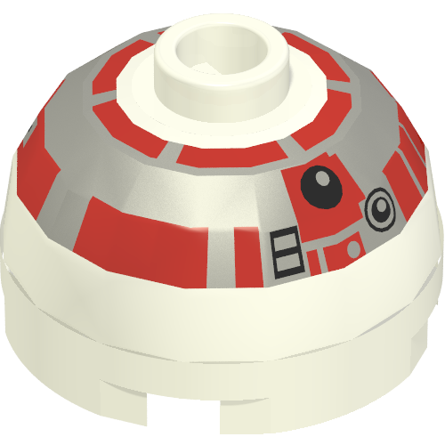 Brick Round 2 × 2 Dome Top, Blocked Open Stud, Bottom Axle Holder with Silver and Red Astromech Droid Print (R5-D4) Weiß