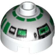 Brick Round 2 × 2 Dome Top, Blocked Open Stud, Bottom Axle Holder with Silver and Green Astromech Droid Print (R2-R7) White