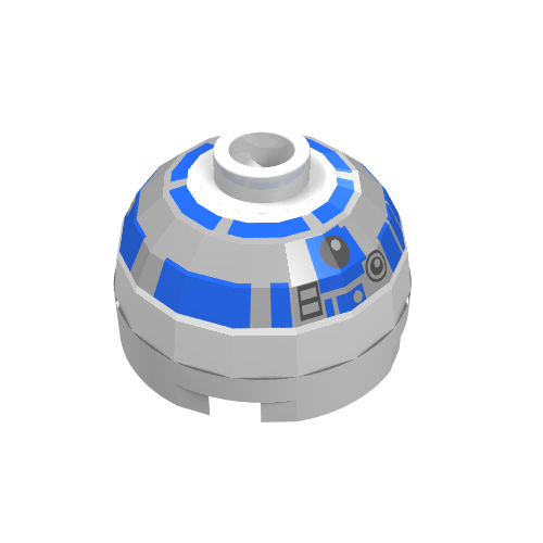 Brick Round 2 × 2 Dome Top, Blocked Open Stud, Bottom Axle Holder with Silver and Blue Print (R2-D2) White