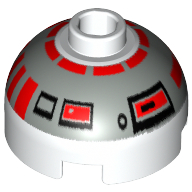 Brick Round 2 × 2 Dome Top, Blocked Open Stud, Bottom Axle Holder with Silver and Red Astromech Droid Print (R5-D4) White