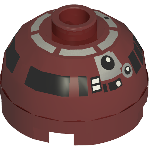 Brick Round 2 × 2 Dome Top, Blocked Open Stud, Bottom Axle Holder with Silver and Black Astromech Droid Print (R4-P17) Dark Red