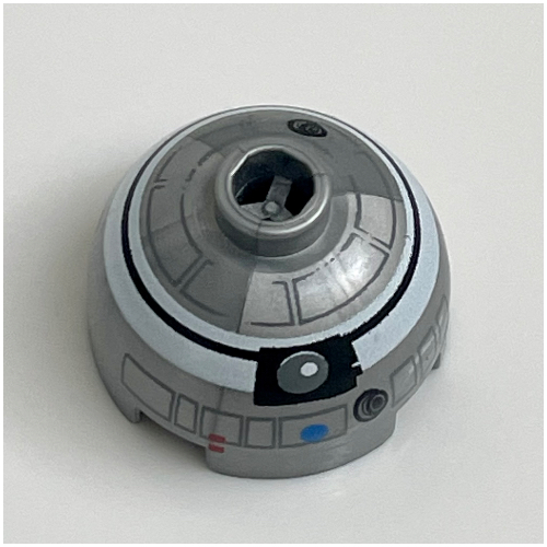 Brick Round 2 × 2 Dome Top, Blocked Open Stud, Bottom Axle Holder with White and Black Print (R2-Q2) Flat Silver