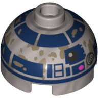 Brick Round 2 × 2 Dome Top, Hollow Stud with R2-D2 and Mud Stains print Flat Silver