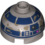 Brick Round 2 × 2 Dome Top, Hollow Stud with R2-D2 with Mudstains Print Flat Silver