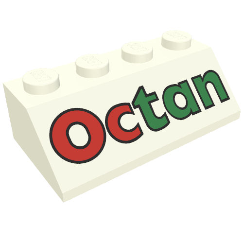 Brick Sloped 45° 2 × 4 with Octan Text Print Weiß