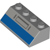 Brick Sloped 45° 2 × 4 with Blue Rectangle, Dark Bluish Grey Shapes print Light Bluish Gray