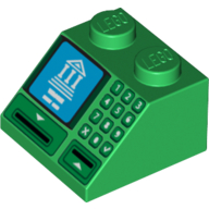 Brick Sloped 45° 2 × 2 with Building on Blue Screen, Card Slot and Keypad Print Green
