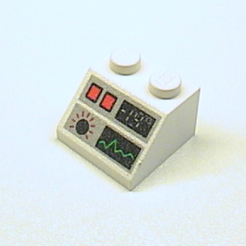 Brick Sloped 45° 2 × 2 with Heart Monitor, Red Buttons, and -19 Print Weiß