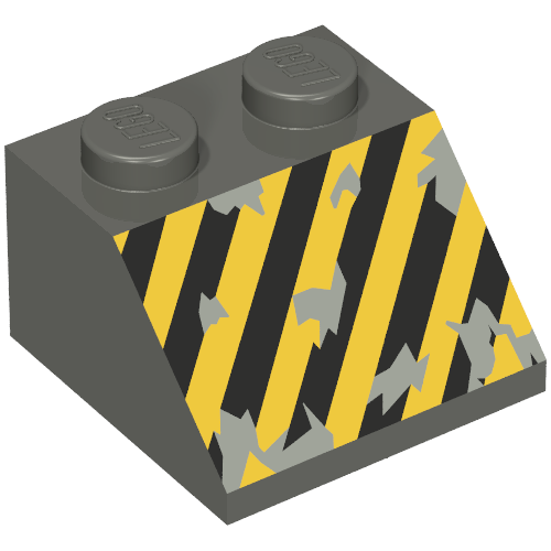 Brick Sloped 45° 2 × 2 with Black and Yellow Stripes Print Dark Gray