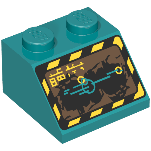 Brick Sloped 45° 2 × 2 with Black and Yellow Border and Screen Print (Rock Raiders) Dark Turquoise