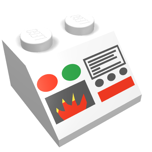 Brick Sloped 45° 2 × 2 with Flame and Control Panel Print fire White