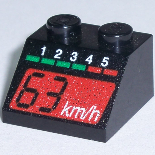 Brick Sloped 45° 2 × 2 with Tachometer and a Red '63 km/h' Print Schwarz