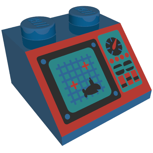 Brick Sloped 45° 2 × 2 with Grid Screen, Shark, and Controls on Red Panel Print (Aquazone) Blue