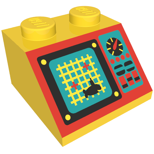 Brick Sloped 45° 2 × 2 with Grid Screen, Shark, and Controls on Red Panel Print (Aquazone) Gelb