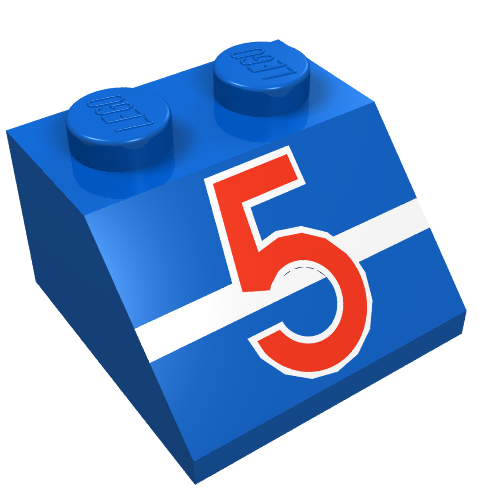 Brick Sloped 45° 2 × 2 with Red/White '5' and White Stripe Print Blau