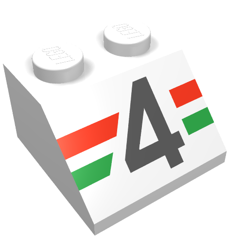 Brick Sloped 45° 2 × 2 with Black '4' over Red and Green Stripes Print Weiß